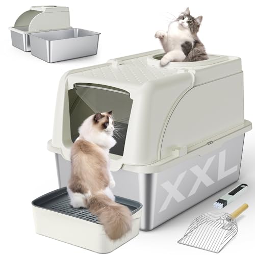Katzentoilette aus Edelstahl, XXL, große Metall-Katzentoilette, doppelter Eingang, abnehmbare Katzentoilette mit Deckel, 41,6 cm hohe Wand-Urinleck-Prävention mit Katzenstreuschaufel (weiß) von Rilvva