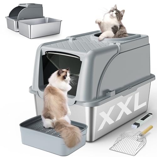 Rilvva Katzentoilette aus Edelstahl, XXL, große Katzentoiletten mit Metallüberzug, abnehmbarer Doppeleingang, 41,6 cm hohe Wand-Urinleck-Prävention mit Katzenstreuschaufel (grau) Rilvva Katzentoilette aus Edelstahl, XXL, große Katzentoiletten mit Metallüberzug, abnehmbarer Doppeleingang, 41,6 cm hohe Wand-Urinleck-Prävention mit Katzenstreuschaufel (grau) von Rilvva