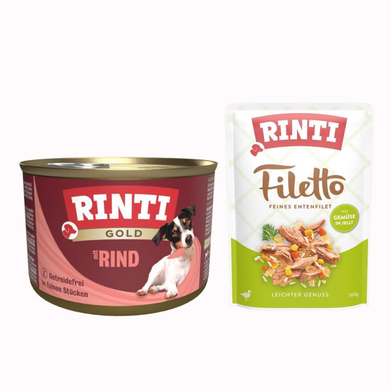 12 x 185 g RINTI Gold + 100 g Filetto Pouch in Jelly mit Ente & Gemüse gratis! - Rindstückchen von Rinti