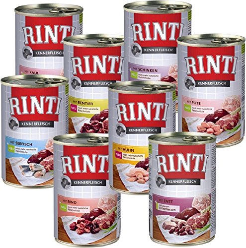 Rinti 40 x 400g Kennerfleisch (5xKalb,5xSeefisch,5xRentier,5xRind,5xSchinken,5xHuhn,5xEnte,5xPute) von Rinti