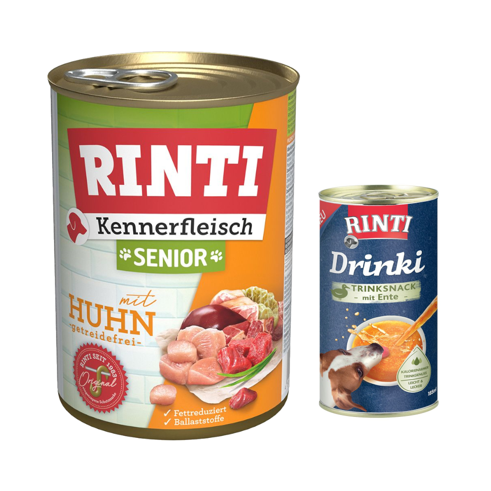 6 x 400 g RINTI Kennerfleisch + 185 ml Drinki mit Ente gratis! - Senior Huhn von Rinti