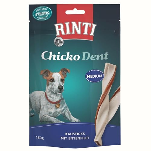 RINTI - Chicko Kaustreifen Medium | Bissfeste Kaustreifen mit Zahnpflege-Komplex für mittelgroße bis große, ausgewachsene Hunde. Hundesnack aus Echtfleisch im Frischebeutel | 9x150g Ente von Rinti
