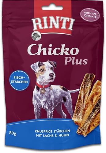 RINTI - Chicko Plus Fischstäbchen | Fischstäbchen aus frischem Lachs und Huhn für ausgewachsene Hunde. Omega-3-reicher Hundesnack ohne Zusatzstoffe im Frischebeutel |12x80g von Rinti