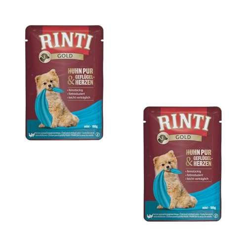 RINTI Gold Mini Huhn Pur & Geflügelherzen | Doppelpack | 2 x 10 x 100 g | Alleinfuttermittel für ausgewachsene kleine Hunde | Ausschließlich Huhn für empfindliche Hunde von Rinti