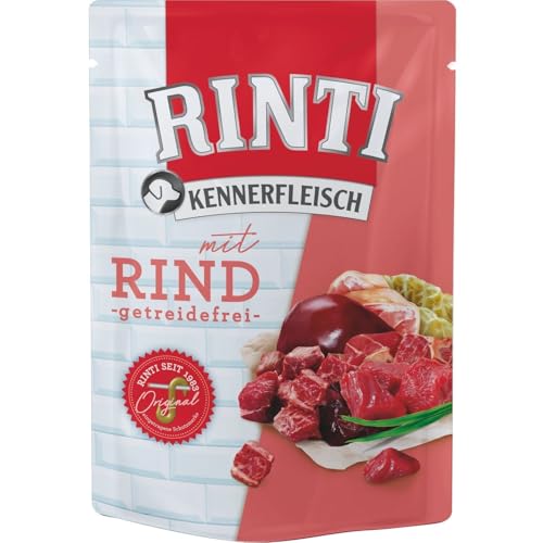 RINTI Kennerfleisch Rind | 10 x 400 g | Alleinfutter für ausgewachsene Hunde im Frischebeutel | Getreidefreies Futter mit hohem Fleischanteil | Zur Regulierung der Verdauung von Rinti