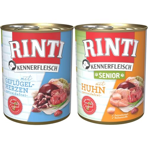 RINTI Kennerfleisch mit Geflügelherzen 12 x 800 g & Kennerfleisch Senior + Huhn 12 x 800 g von Rinti