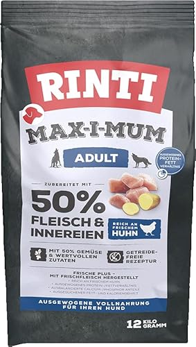 RINTI - Max-i-Mum | Trockenfutter für ausgewachsene Hunde mit 50% Fleisch & Innereien. Getreidefreies Alleinfutter im Beutel mit ausgewogenem Protein-/Fett-Verhältnis | 12kg Huhn von Rinti