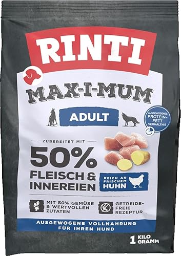 RINTI - Max-i-Mum | Trockenfutter für ausgewachsene Hunde mit 50% Fleisch & Innereien. Getreidefreies Alleinfutter im Beutel mit ausgewogenem Protein-/Fett-Verhältnis | 7x1kg Huhn von Rinti