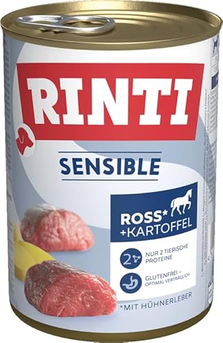RINTI - Sensible | Nassfutter für Sensible, ausgewachsene Hunde mit natürlichen Fleischstücken. Getreidefreies Alleinfutter in der Dose ohne Zusatzstoffe | 6x400g Ross, Hühnerleber + Kartoffel von Rinti