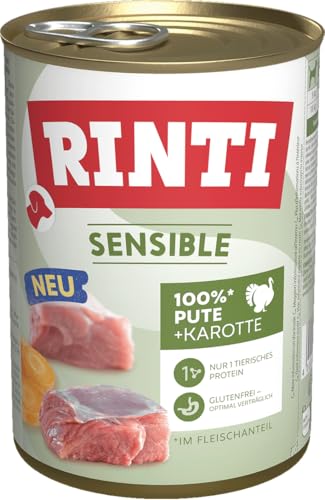 RINTI - Sensible | Nassfutter für Sensible, ausgewachsene Hunde mit natürlichen Fleischstücken. Getreidefreies Alleinfutter in der Dose ohne künstliche Zusätze | 12x400g Pute + Karotte RINTI - Sensible | Nassfutter für Sensible, ausgewachsene Hunde mit natürlichen Fleischstücken. Getreidefreies Alleinfutter in der Dose ohne künstliche Zusätze | 12x400g Pute + Karotte von Rinti