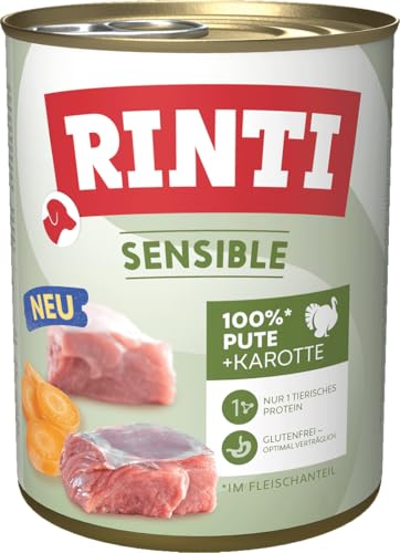 RINTI - Sensible | Nassfutter für Sensible, ausgewachsene Hunde mit natürlichen Fleischstücken. Getreidefreies Alleinfutter in der Dose ohne künstliche Zusätze | 6x800g Pute + Karotte RINTI - Sensible | Nassfutter für Sensible, ausgewachsene Hunde mit natürlichen Fleischstücken. Getreidefreies Alleinfutter in der Dose ohne künstliche Zusätze | 6x800g Pute + Karotte von Rinti