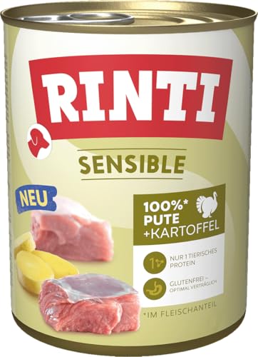 RINTI - Sensible | Nassfutter für Sensible, ausgewachsene Hunde mit natürlichen Fleischstücken. Getreidefreies Alleinfutter in der Dose ohne künstliche Zusätze | 6x800g Pute + Kartoffel RINTI - Sensible | Nassfutter für Sensible, ausgewachsene Hunde mit natürlichen Fleischstücken. Getreidefreies Alleinfutter in der Dose ohne künstliche Zusätze | 6x800g Pute + Kartoffel von Rinti