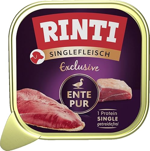 RINTI - Singlefleisch Exclusive | Nassfutter mit 100% Entenfleisch für Sensible, ausgewachsene Hunde. Alleinfutter in Schälchen ohne Getreide und künstliche Zusätze | 10x150g Ente Pur von Rinti