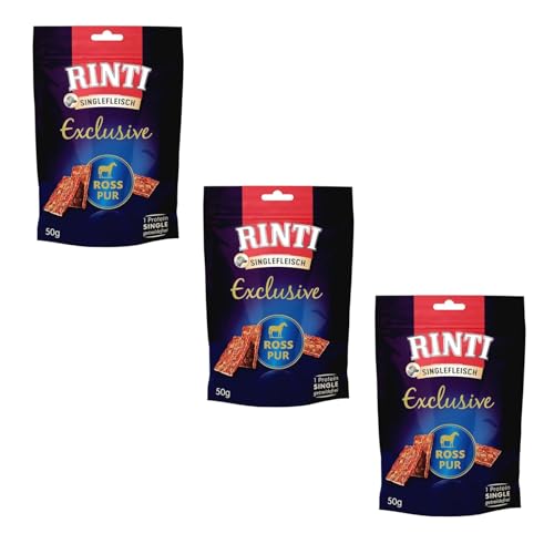RINTI Singlefleisch Exclusive Snack Ross Pur | 3er Pack | 3 x 50 g | Ergänzungsfuttermittel für ausgewachsene Hunde | Ausschließlich Ross für empfindliche Hunde bei Allergien | Als Belohnung von Rinti