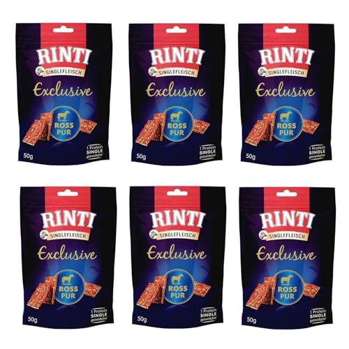 RINTI Singlefleisch Exclusive Snack Ross Pur | 6er Pack | 6 x 50 g | Ergänzungsfuttermittel für ausgewachsene Hunde | Ausschließlich Ross für empfindliche Hunde bei Allergien | Als Belohnung von Rinti