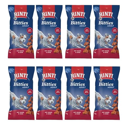 Rinti Bitties Adult Huhn & Kalb | 8er Pack | 8 x 75 g | Ergänzungsfuttermittel für ausgewachsene Hunde | Weiche Stückchen mit viel frischem Fleisch zubereitet | mit Omega 3 und ohne Zucker Rinti Bitties Adult Huhn & Kalb | 8er Pack | 8 x 75 g | Ergänzungsfuttermittel für ausgewachsene Hunde | Weiche Stückchen mit viel frischem Fleisch zubereitet | mit Omega 3 und ohne Zucker von Rinti