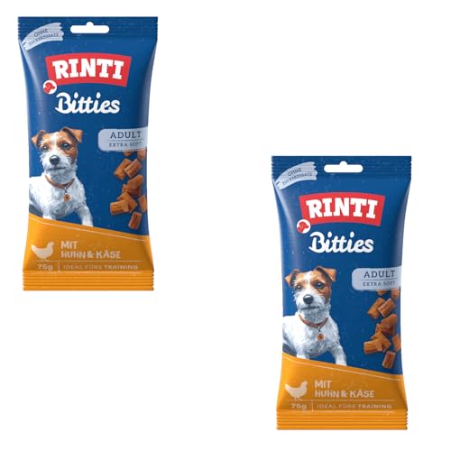 Rinti Bitties Huhn + Käse | Doppelpack | 2 x 75 g | Snack für ausgewachsene Hunde | Extra weich | Ohne Zucker & Soja | Mit wertvollem Omega 3 | Viel frisches Fleisch von Rinti
