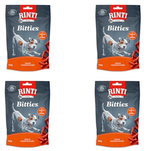 Rinti Bitties Huhn mit Tomate & Kürbis | 4er Pack | 4 x 100 g | Softe Fleisch-Snacks für ausgewachsene Hunde | Schonend luftgetrocknet und ohne Fleischmehle & Soja von Rinti