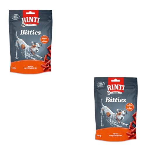 Rinti Bitties Huhn mit Tomate & Kürbis | Doppelpack | 2 x 100 g | Softe Fleisch-Snacks für ausgewachsene Hunde | Schonend luftgetrocknet und ohne Fleischmehle & Soja von Rinti