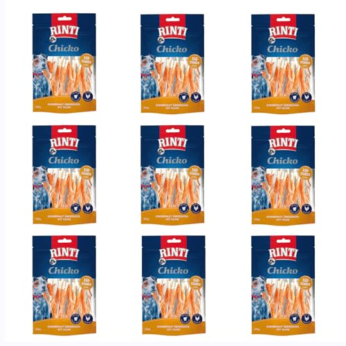 Rinti Chicko Kaustangen klein | 9er Pack | 9 x 150 g | Aus bissfester Rinderhaut mit Hühnerfleisch überzogen | Putzkörperchen auf Mineralstoffbasis | Wiederverschließbar von Rinti