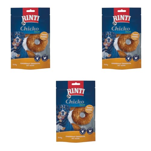Rinti Chicko Maxi Kauringe | 3er Pack | 3 x 150 g | Aus bissfester Rinderhaut mit Hühnerfleisch überzogen | Putzkörperchen auf Mineralstoffbasis | Wiederverschließbar von Rinti