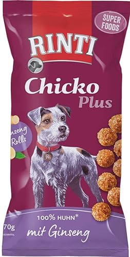 Rinti Chicko Plus Superfoods mit Ginseng | 8er Pack | 8 x 70 g | Ergänzungsfuttermittel für ausgewachsene Hunde | Schonend luftgetrocknete Snacks | Ohne Fleischmehle und ohne Soja von Rinti