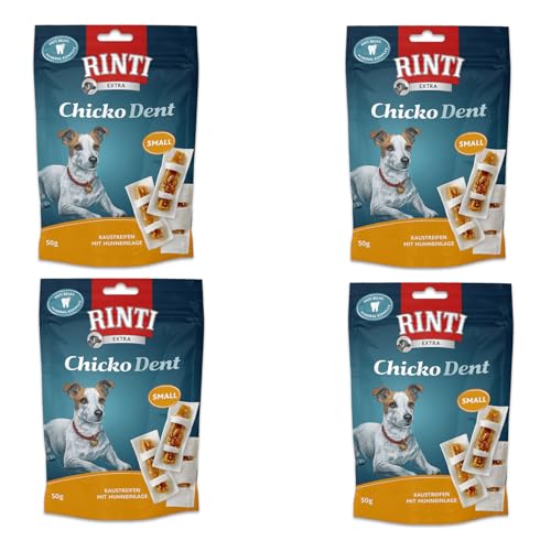 Rinti Extra Chicko Dent Huhn Small | 4er Pack | 4 x 50 g | Ergänzungsfuttermittel für ausgewachsene kleine Hunde | Kaustreifen für die Zahnpflege | Bissfeste Rinderhaut von Rinti