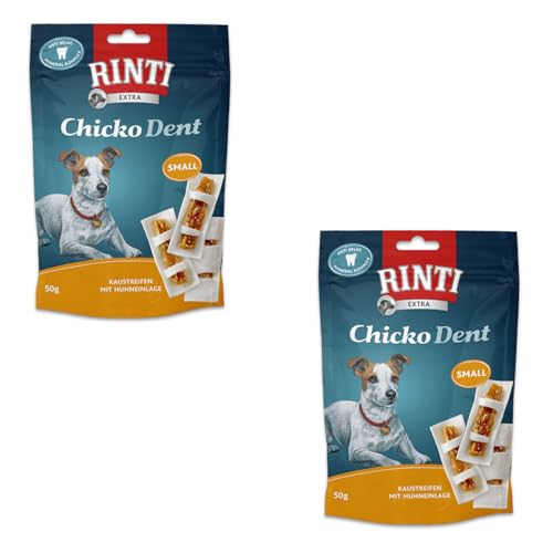 Rinti Extra Chicko Dent Huhn Small | Doppelpack | 2 x 50 g | Ergänzungsfuttermittel für ausgewachsene kleine Hunde | Kaustreifen für die Zahnpflege | Bissfeste Rinderhaut von Rinti