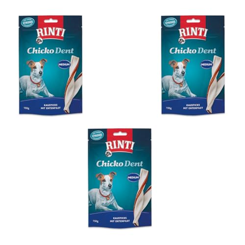 Rinti Extra Chicko Dent Medium Kausticks mit Entenfilet | 3er Pack | 3 x 150 g | Ergänzungsfuttermittel für Hunde | Kaustreifen für die Zahnpflege | Bissfeste Rinderhaut von Rinti