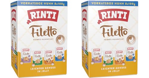 Rinti Filetto Multibox | im Doppelpack, insgesamt 16 x 100g | fettarmes Ergänzungsfutter für Hunde mit Huhn, Schinken, Herz, Gemüse & Ente, reich an Filetstücken, leicht verdaulich von Rinti