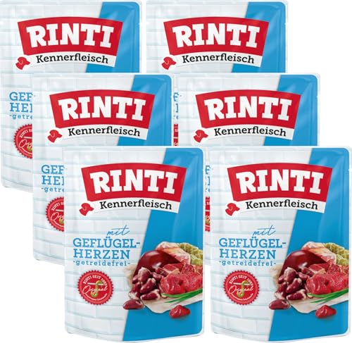 Rinti Kennerfleisch Geflügelherzen | 6 x 400g Frischebeutel | 70 % Fleisch & Innereien | Getreidefrei | Mit Omega 3 & Ballaststoffen | Alleinfutter für ausgewachsene Hunde von Rinti