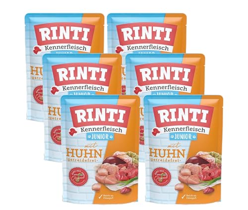 Rinti Kennerfleisch Junior Huhn | 6 x 400g Frischebeutel | Welpenfutter mit 70 % Fleisch | Mit Lachsöl (Omega 3) & Rübenfaser | Getreidefrei | Für heranwachsende Hunde | Ohne Zusatzstoffe von Rinti