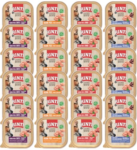 Rinti Leichte Beute Mixpaket | 24 x 300g Schale | 4 Sorten: Huhn, Ente, Geflügelherzen, Rind | Kalorienreduziertes Nassfutter für Hunde | Getreidefrei & fettarm | Leicht verdaulich von Rinti