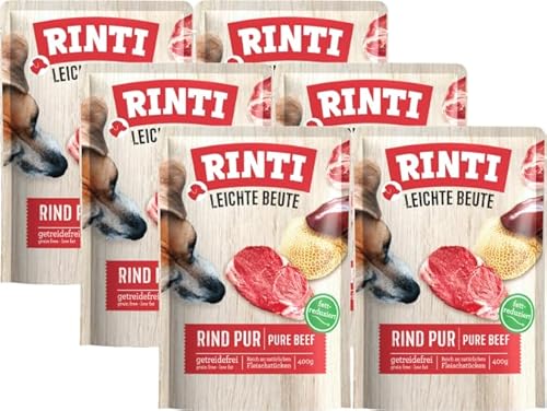 Rinti Leichte Beute Rind 6 x 400g | Getreidefreies Nassfutter | Monoprotein | Mit Leinöl & Flohsamen | Wenig Fett & gut verträglich | Ohne Soja | Umweltfreundlicher Frischebeutel von Rinti
