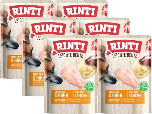 Rinti Leichte Beute Rind & Huhn 6 x 400g | Getreidefreies Nassfutter | Wenig Fett & gut verträglich | Ohne Soja | Umweltfreundlicher Frischebeutel von Rinti