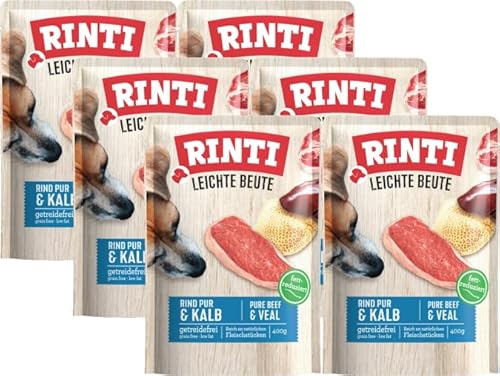 Rinti Leichte Beute Rind & Kalb 6 x 400g | Getreidefreies Nassfutter | Wenig Fett & gut verträglich | Ohne Soja | Umweltfreundlicher Frischebeutel von Rinti