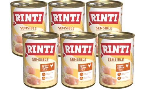 Rinti Sensible Huhn + Reis 6 x 400g | Hypoallergenes Nassfutter für Hunde | Glutenfrei & ohne Soja | Nur 1 Proteinquelle | Für empfindliche Hunde & Allergiker | Alleinfuttermittel von Rinti