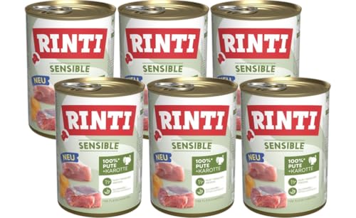 Rinti Sensible Pute + Karotte 6 x 400g | Glutenfreies Nassfutter für Hunde | Alleinfutter mit nur Einer tierischen Proteinquelle | Hypoallergen, getreidefrei & leicht verdaulich von Rinti