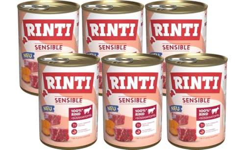 Rinti Sensible Rind & Süßkartoffel 6 x 400g | Hochwertiges Nassfutter für empfindliche Hunde | Getreidefrei, glutenfrei, ohne Soja | Nur eine tierische Proteinquelle von Rinti