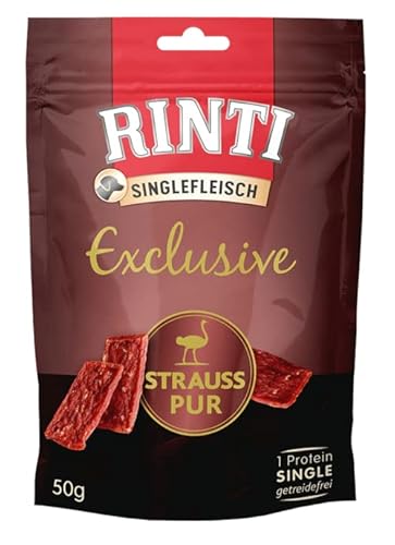 Rinti Singlefleisch Exclusive Strauß pur | 12 x 50 g | Belohnungssnack für ausgewachsene Hunde | Für empfindliche Hunde bei Allergien oder Unverträglichkeiten | Leicht verdaulich von Rinti
