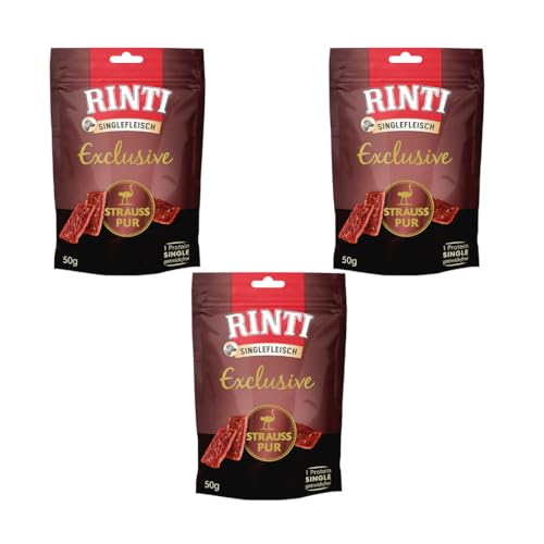 Rinti Singlefleisch Exclusive Strauß pur | 3er Pack | 3 x 50 g | Belohnungssnack für ausgewachsene Hunde | Für empfindliche Hunde bei Allergien oder Unverträglichkeiten | Leicht verdaulich von Rinti
