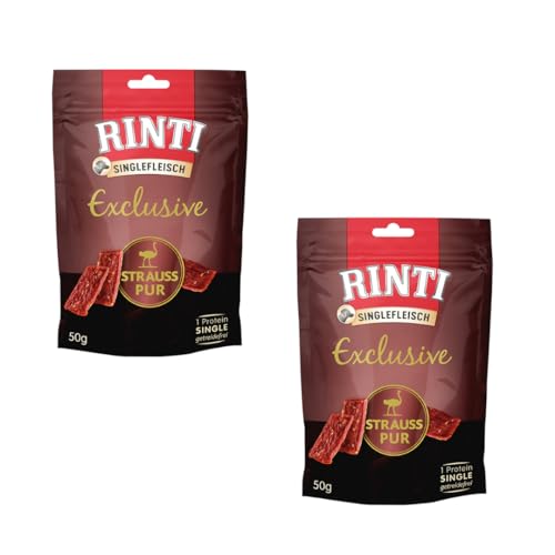 Rinti Singlefleisch Exclusive Strauß pur | Doppelpack | 2 x 50 g | Belohnungssnack für ausgewachsene Hunde | Für empfindliche Hunde bei Allergien oder Unverträglichkeiten | Leicht verdaulich von Rinti