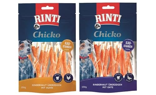 Rinti Snack Chicko Kaustangen aus Rinderhaut mit Huhn & Ente Doppelpack | auch als Mix im Doppelpack | 2X 150g (Huhn & Ente) von Rinti