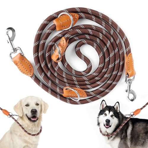 Hundeleine Doppelleine für Große & Mittelgroße Hunde - Verstellbare Hundeleine 3m - Reflektierend Hundeleine mit aus Nylon mit 2 Karabinerhaken und 3 Ringen - Durch die Extreme Kraft bis 200 (Braun) von GRTLPOK