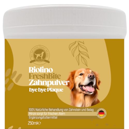 Riolino FreshBite Zahnpulver für Hunde – Natürliche Zahnpflege gegen Plaque & Mundgeruch – Effektiv für frischen Atem & gesunde Zähne – Made in Germany – 250 g Riolino FreshBite Zahnpulver für Hunde – Natürliche Zahnpflege gegen Plaque & Mundgeruch – Effektiv für frischen Atem & gesunde Zähne – Made in Germany – 250 g von Riolino mit der Pfote direkt ins Herz