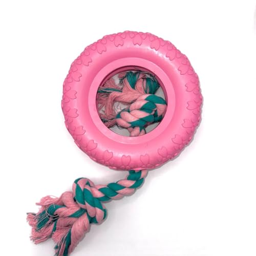 Riolino Kauring für Hunde aus Naturkautschuk – Befüllbares Kauspielzeug in Reifenoptik – Robust & zahnfreundlich für Starke Kauer – Hundespielzeug Kaureifen – Farbe: Rosa mit Seil von Riolino mit der Pfote direkt ins Herz