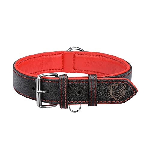 Riparo Echtes Leder Verstellbares Hundehalsband mit Zusätzlicher Verstärkung (L: 3,8CM Breit für 43,2CM - 53,3CM Hals, Schwarz-roter Faden) von Riparo Motorsports