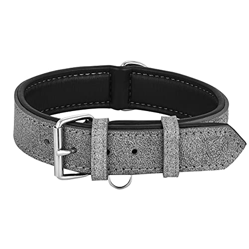 Riparo K-9 Hundehalsband, gepolstert, echtes Leder, verstellbar, strapazierfähig (L: 3,8CM Breit für 43,2CM - 53,3CM Hals, Grau/Weißer Faden) von Riparo Motorsports