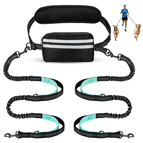 Risipu Freihändige Hundeleine für 2 Hunde, Verstellbarer Hüftgurt mit Tasche und Taillenstütze, absorbierende Bungee-reflektierende Nähte zum Laufen, Walken, Joggen (Himmelblau) von Risipu