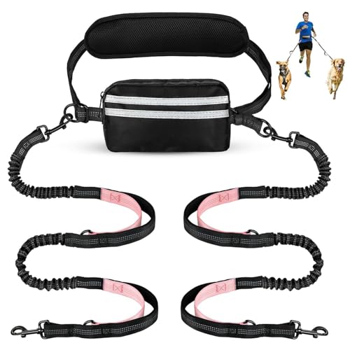Risipu Freihändige Hundeleine für 2 Hunde, Verstellbarer Hüftgurt mit Tasche und Taillenstütze, absorbierende Bungee-reflektierende Nähte zum Laufen, Walken, Joggen (Rosa) von Risipu